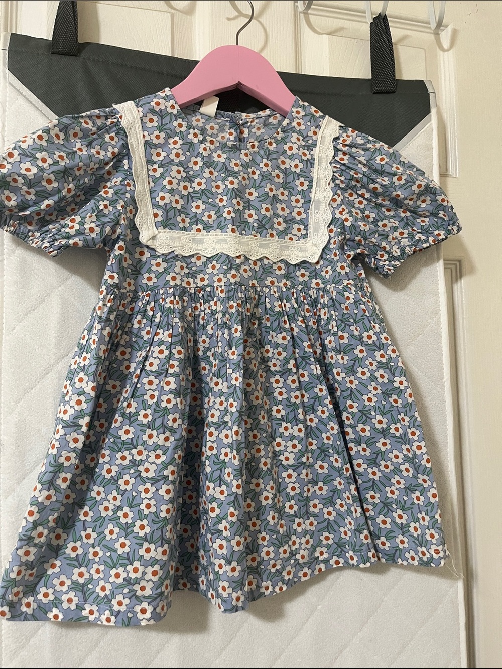 Girls' Blue Floral Lace-Trim Dress